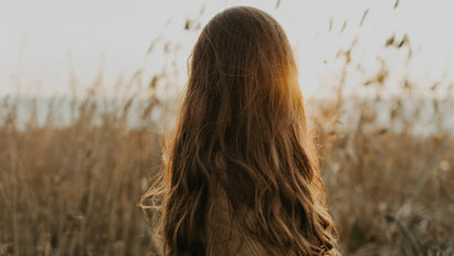 Back of woman's head in a field - long hair